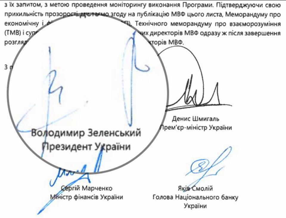 Підпис Зеленського під Меморандумом з МВФ.