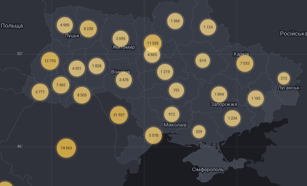 Карта распространения коронавируса в Украине