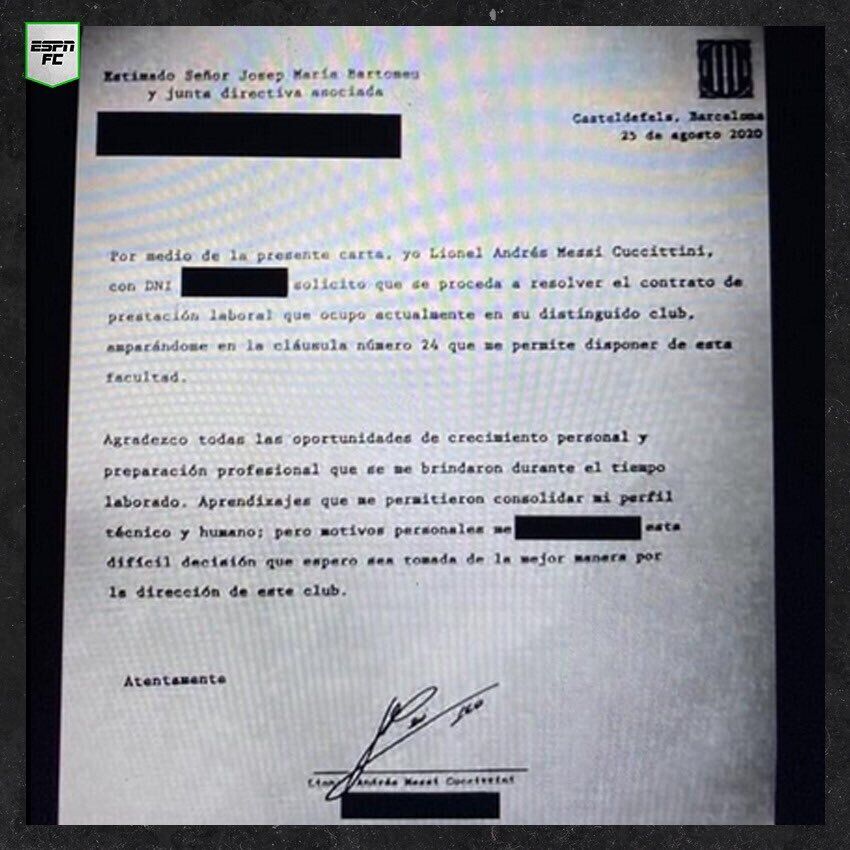 Письмо, в котором Месси уведомил "Барселону" о желании уйти.