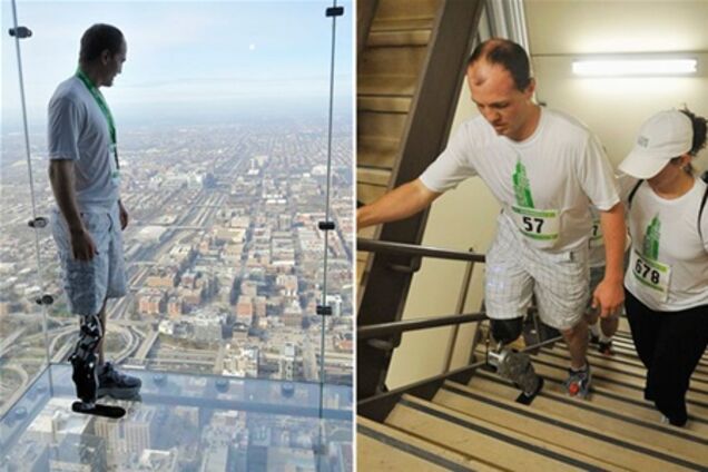 Человек с протезом ноги пешком поднялся на небоскреб