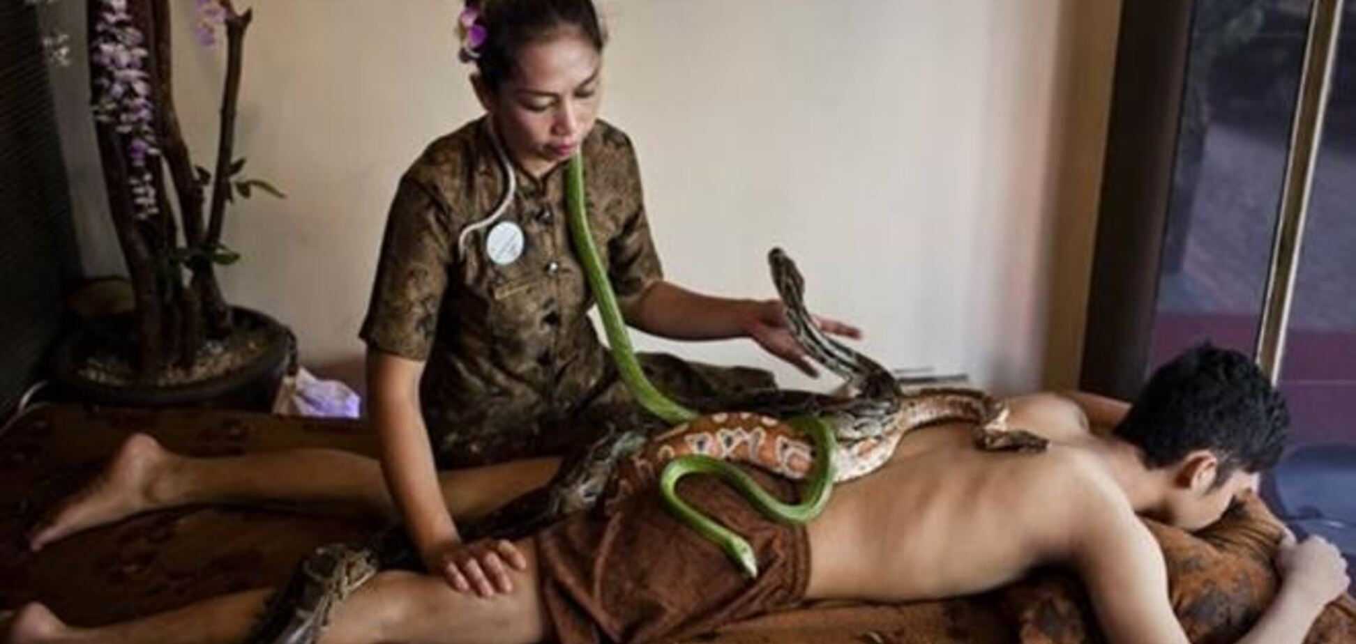 В Индонезии туристам предлагают массаж со змеями 