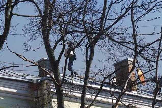 С крыши дома на углу Институтской и Шелковичной 'Беркут' бросает в протестующих гранаты