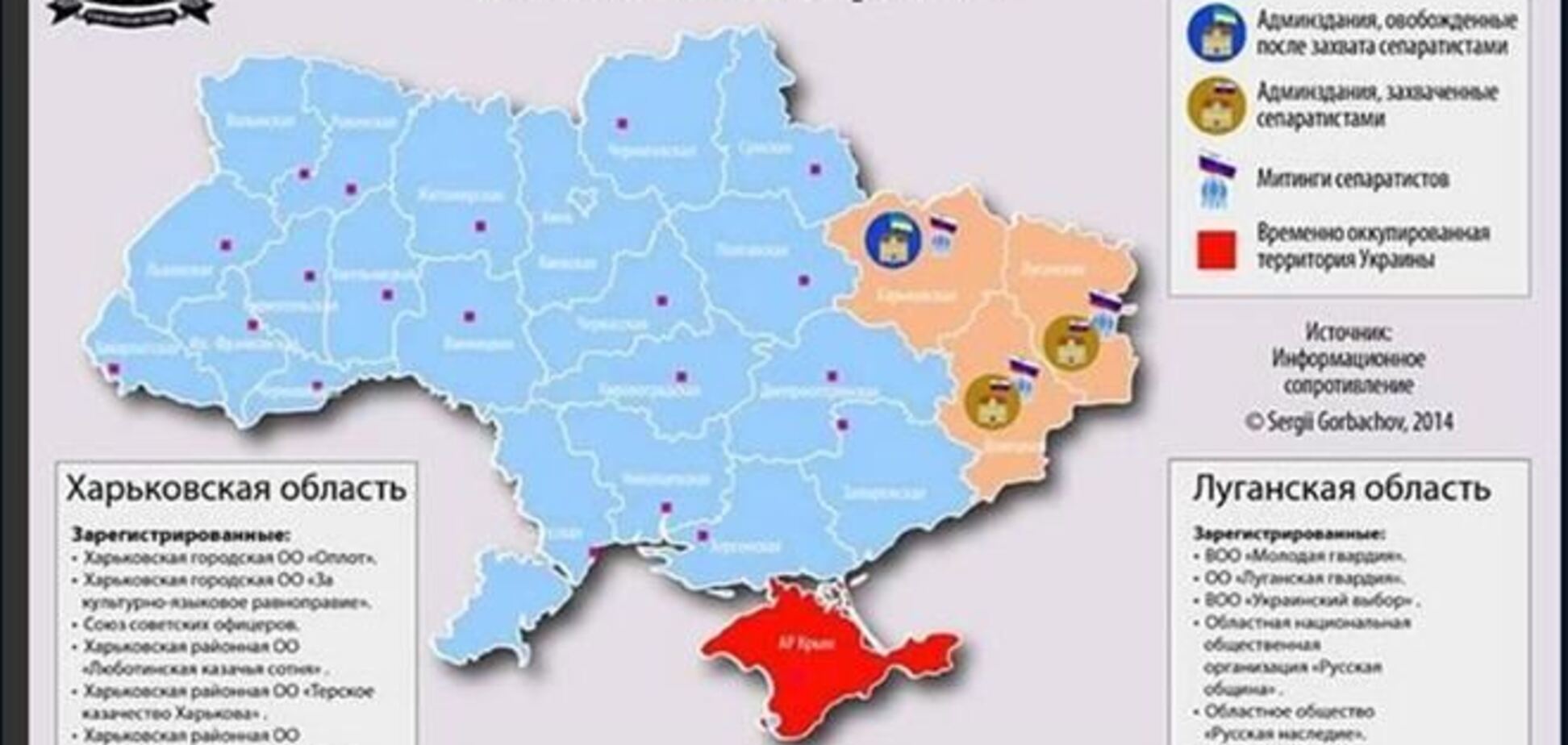 Опубликована актуальная карта сепаратистских выступлений в Украине
