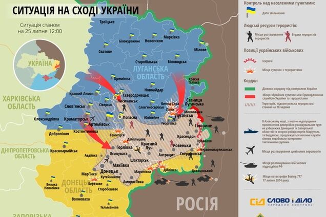 Опубликована актуальная карта сражений в зоне АТО