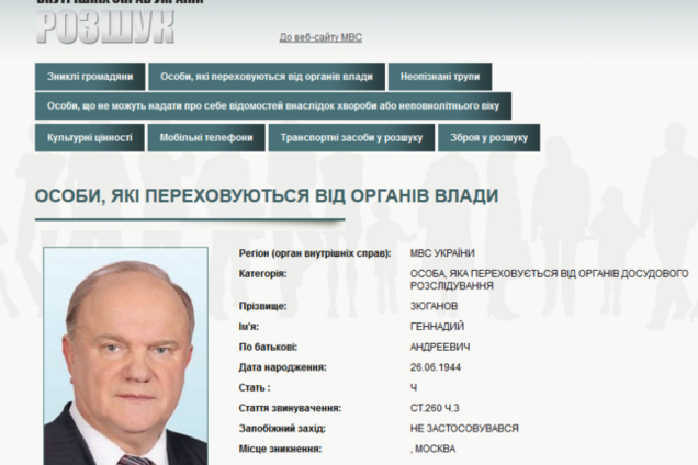 МВД Украины объявило в розыск Жириновского, Миронова и Зюганова