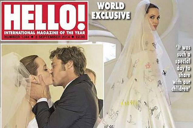 Анджелина Джоли вышла замуж в роскошном платье от Versace с рисунками своих детей. Первые фото