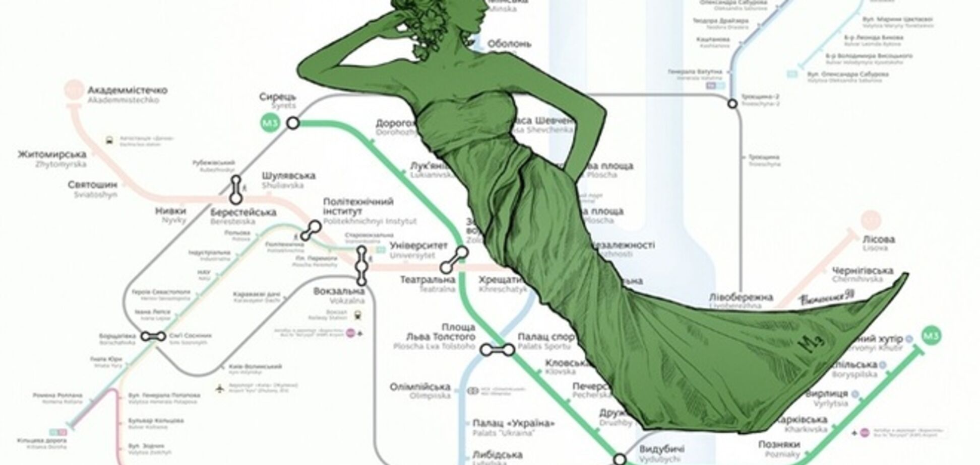 На карте киевского метро появились три девушки: синяя, зеленая и красная