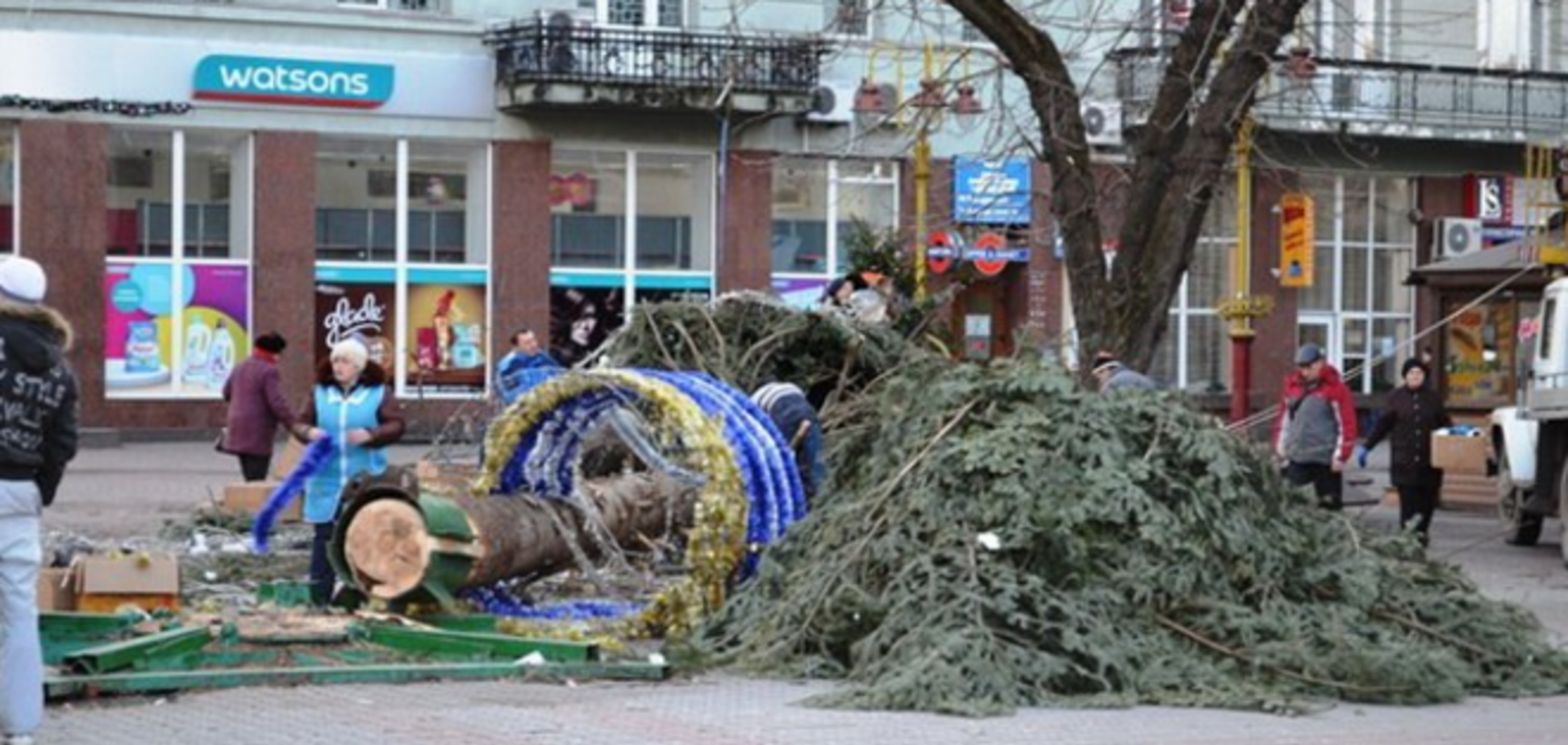 В Ивано-Франковске шквальный ветер повалил главную елку города: фото ЧП