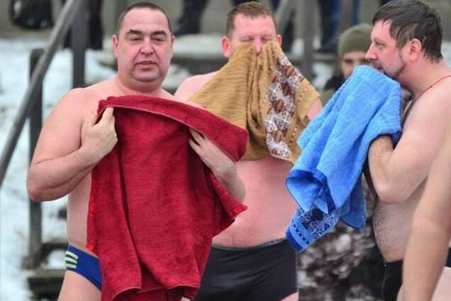 Главарь 'ЛНР' в сине-желтых плавках в окружении автоматчиков на Крещение нырнул в прорубь: опубликовано видео
