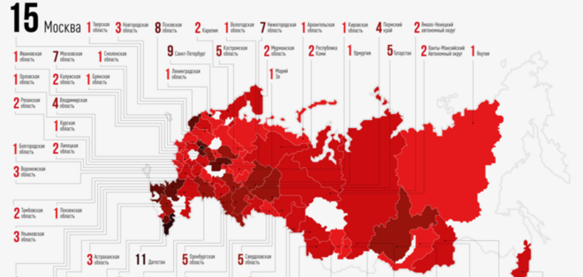 Більшість путінських вояк, загиблих на Донбасі, родом з Москви, Дагестану і Ростова. Інфографіка
