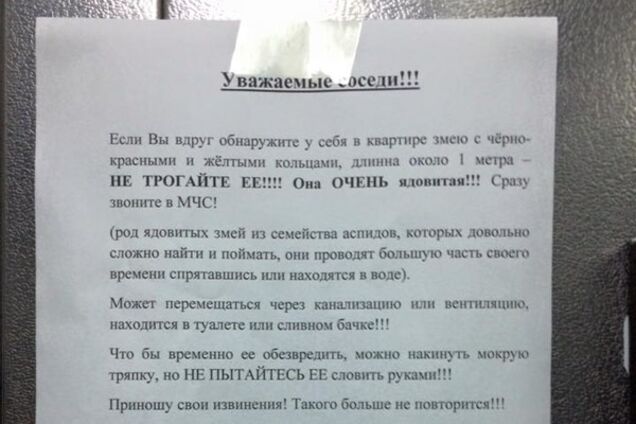 Жителів київської висотки налякало оголошення про зниклу змію