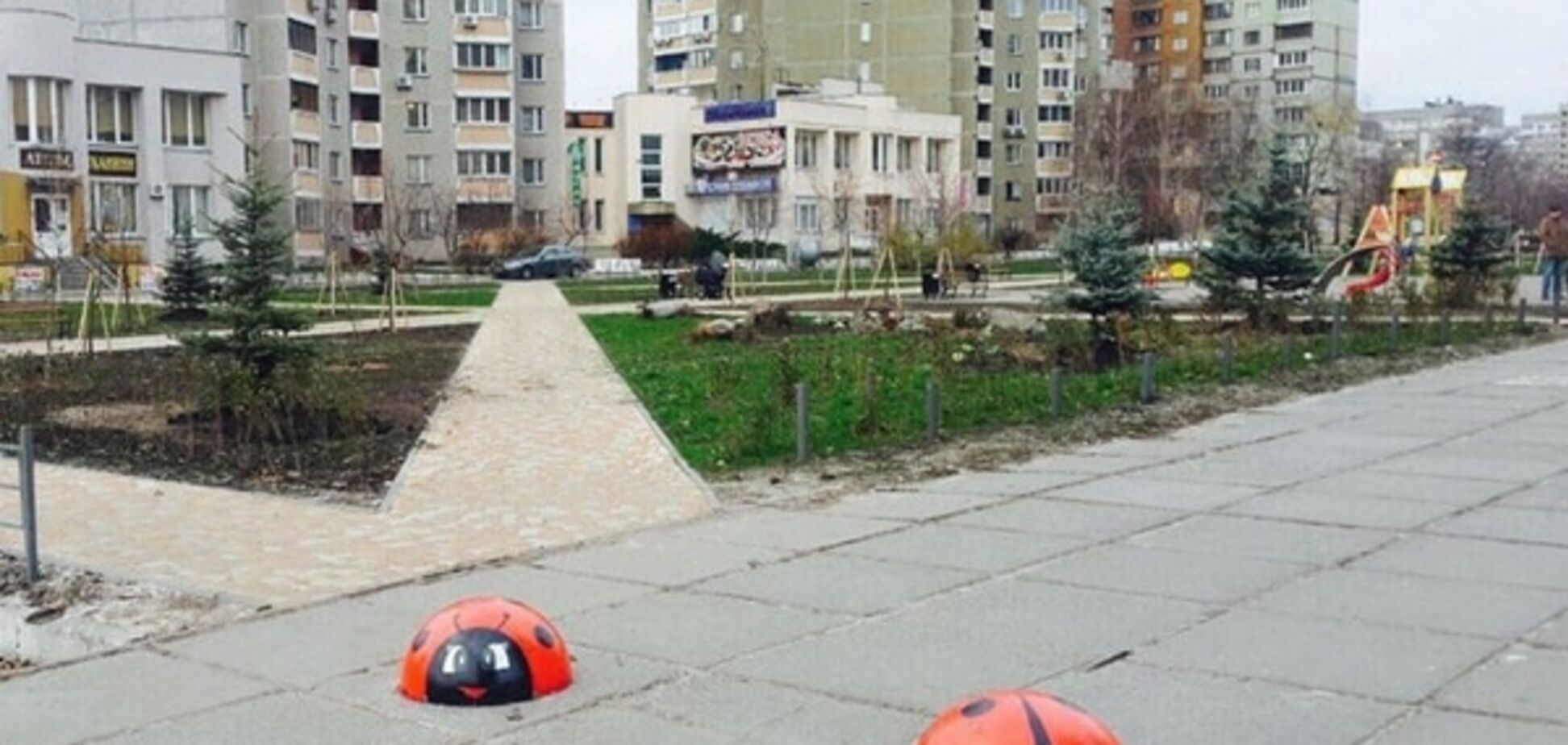 Раскрашенные полусферы появились на тротуаре возле сквера на ул. Порика