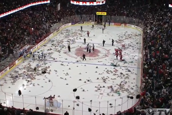 Канадские болельщики установили мировой рекорд, завалив хоккеистов плюшевыми мишками