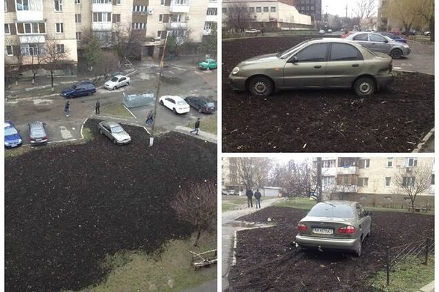 В Киеве водитель припарковался на газоне с черноземом