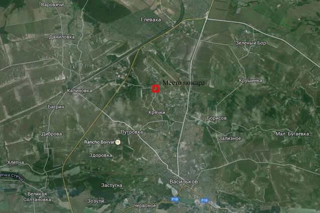 Карта пожара на нефтебазе в Василькове: до Глевахи 4 км, до Василькова - 5 км