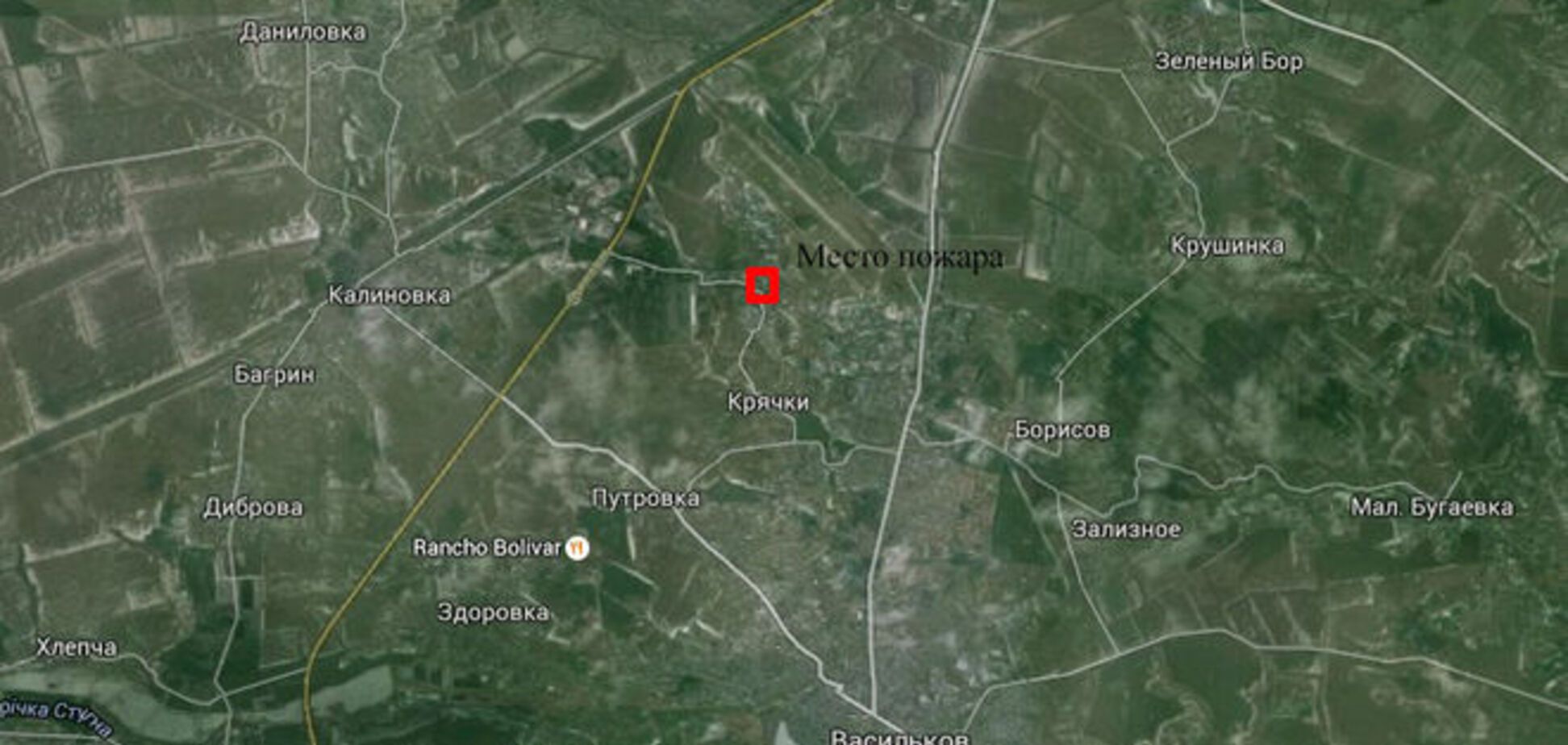 Карта пожара на нефтебазе в Василькове: до Глевахи 4 км, до Василькова - 5 км