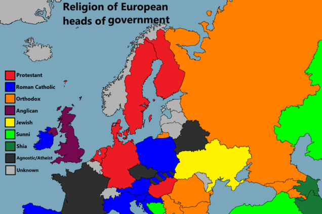 Карта вероисповеданий глав правительств стран Европы