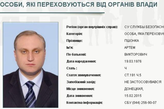 Артем Пшонка в базе розыска МВД Украины