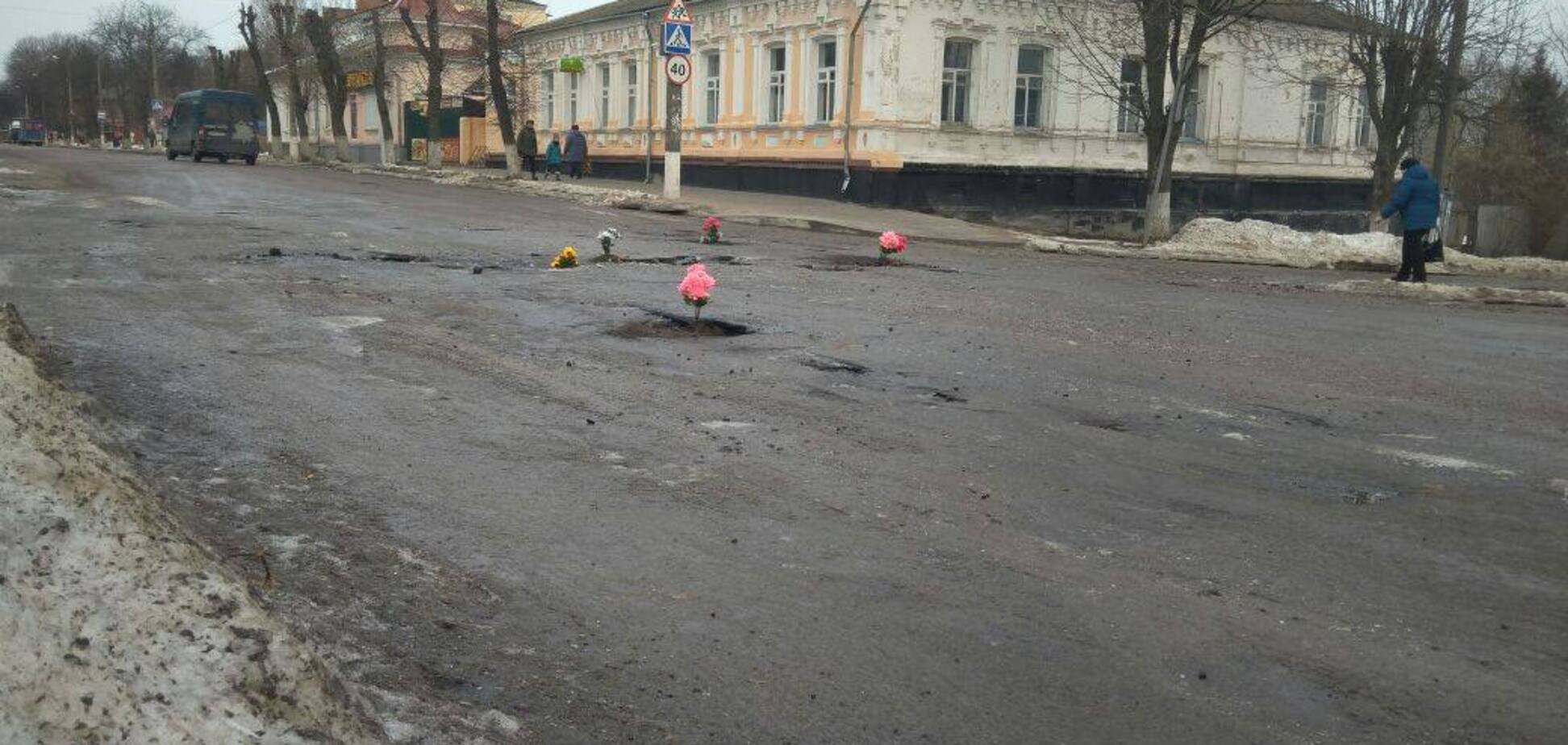 В Глухове в ямах на дорогах высадили цветы, чтобы заставить Терещенко работать