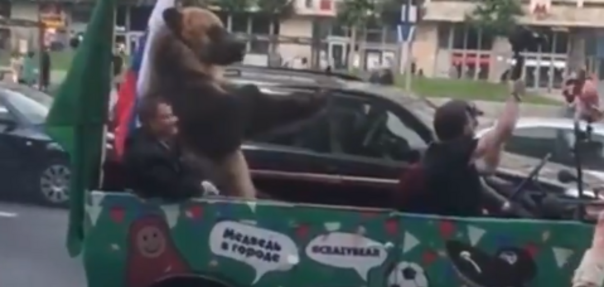 Без балалайки і вушанки: в Москві ведмідь показував туристам ЧС-2018 непристойні жести. Відеофакт