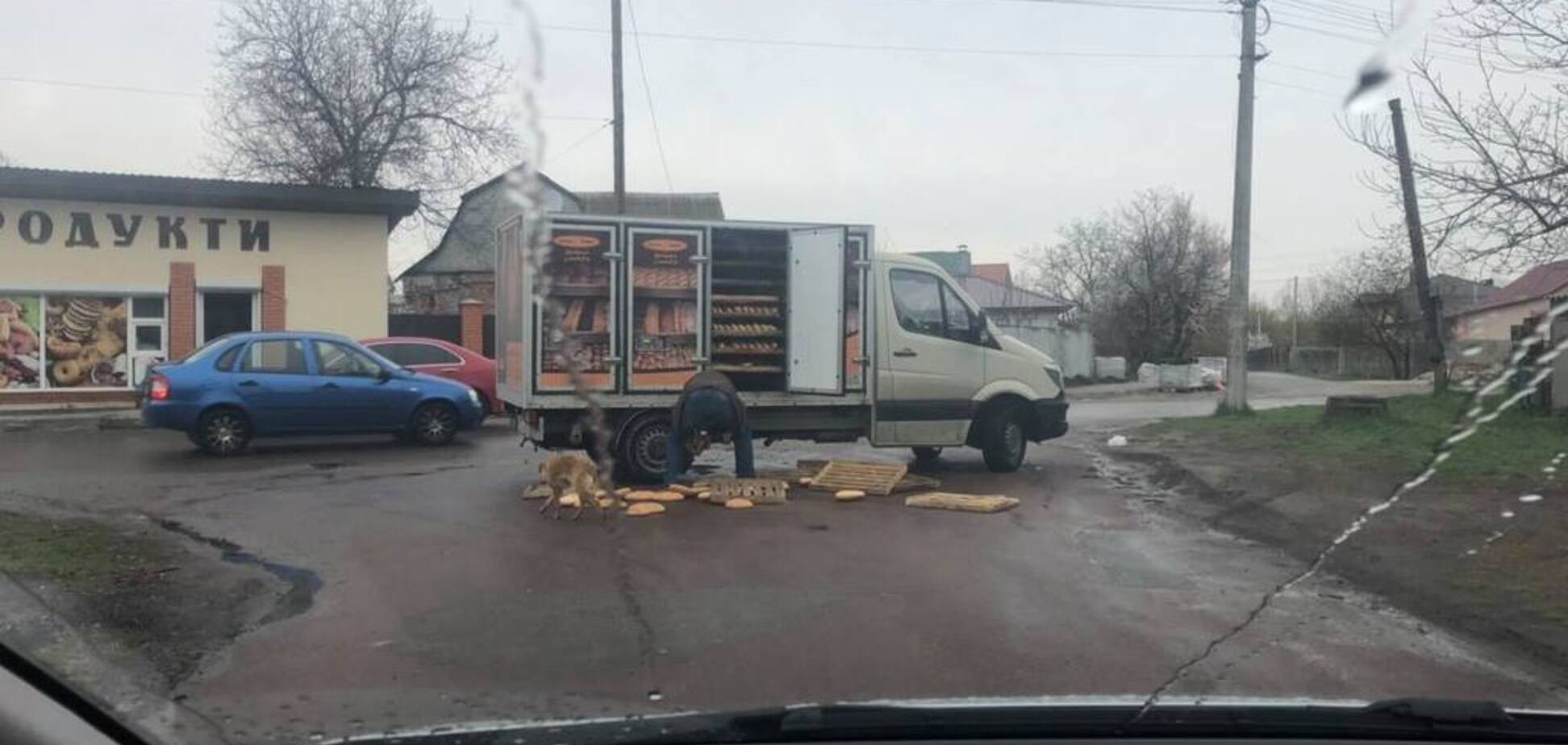 'Окажется на полках магазина?' Под Киевом доставщик хлеба перевернул товар посреди дороги