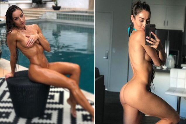 Фитнес-модель разлеглась у бассейна полностью голой