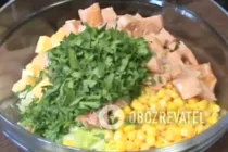 Салат с копченой курицей и кукурузой - Шаг 6 Салат с копченой курицей и кукурузой - Шаг 6