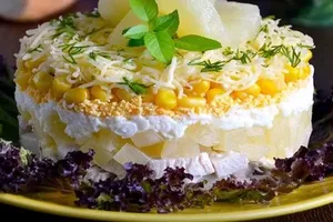 Салат з ананасами шарами - покроковий рецепт Салат з ананасами шарами - покроковий рецепт