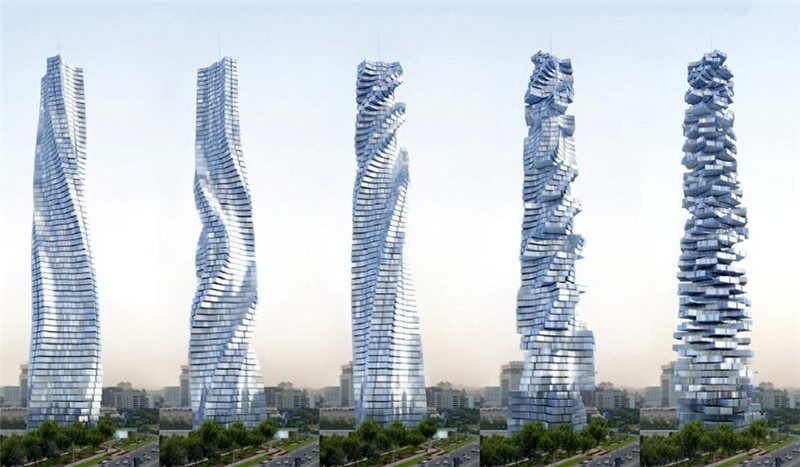 Dynamic Tower в Дубае. Небоскреб, у которого каждый этаж движется по своей оси, независимо от других. Первое здание, способное изменять свою форму. Еще строится.