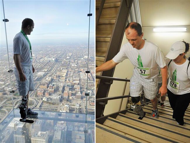 Человек с протезом ноги пешком поднялся на небоскреб