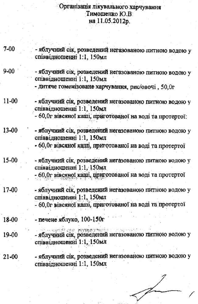 ДПтС: Тимошенко харчується за рекомендаціями німецького лікаря. Документ