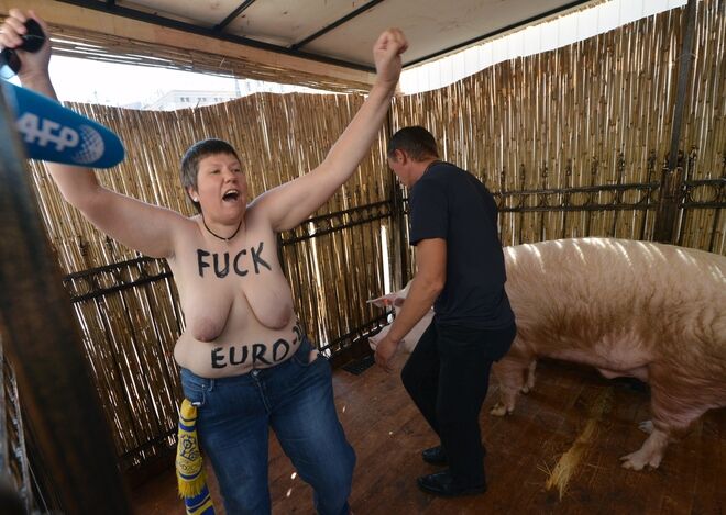 Активистка FEMEN прорвалась к хряку-"прорицателю"