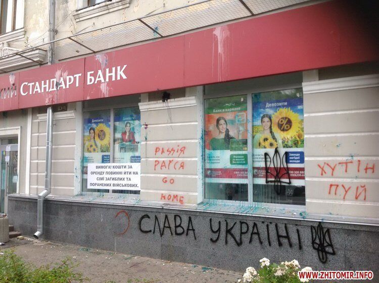 У Житомирі російський банк закидали яйцями і зеленкою
