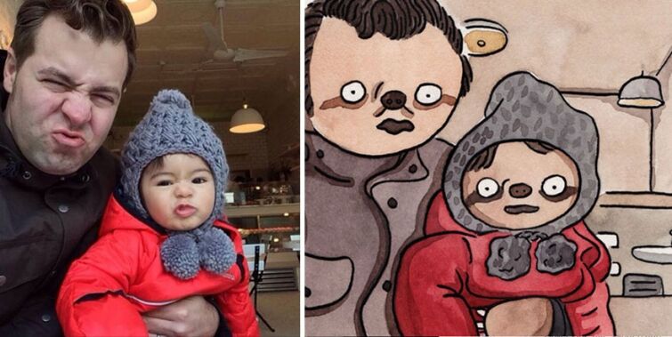 Художник берет фото людей с Facebook и превращает их в ленивцев