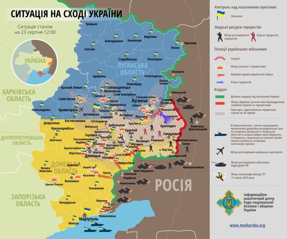 Актуальная карта ситуации на востоке Украины на 23 августа 