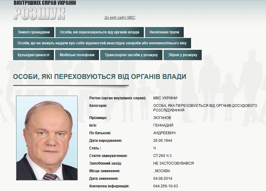 МВД Украины объявило в розыск Жириновского, Миронова и Зюганова