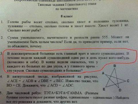 Российским школьникам предлагают решить задачку про "кусающихся психов": фотофакт