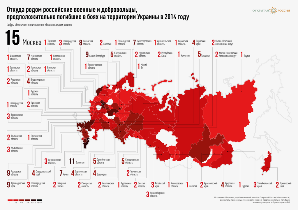 Більшість путінських вояк, загиблих на Донбасі, родом з Москви, Дагестану і Ростова. Інфографіка