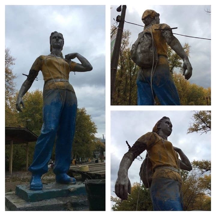 В Киеве отремонтировали разбитую скульптуру Комсомолки: фотофакт