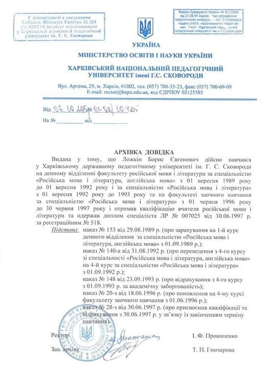 Григоришин солгал об отсутствии диплома у Ложкина: опубликован документ