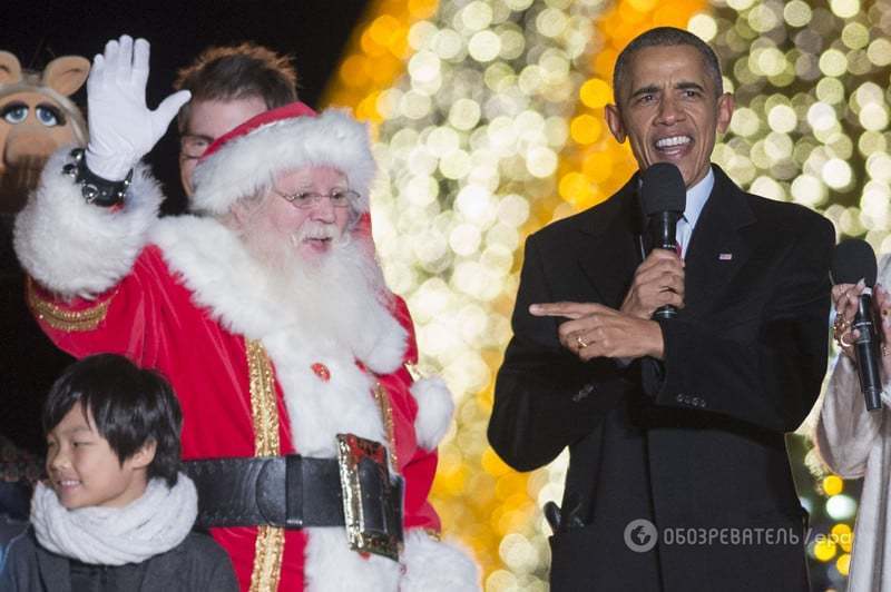 Модный Обама с семьей зажег главную елку США: яркий фоторепортаж