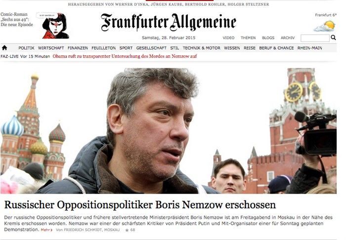 Убийство Немцова попало на первые полосы ведущих мировых СМИ. Фотофакт