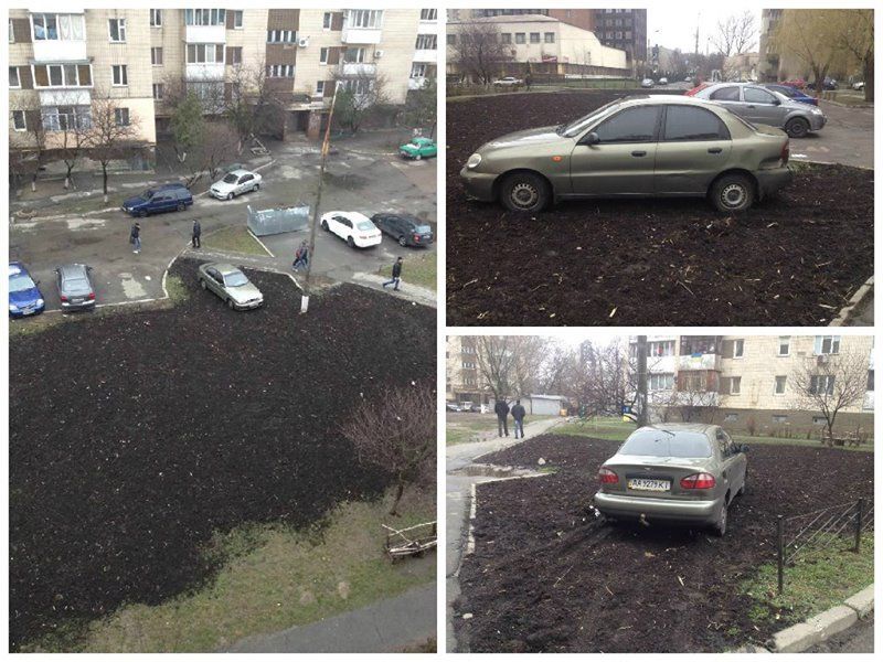 В Киеве водитель припарковался на газоне с черноземом