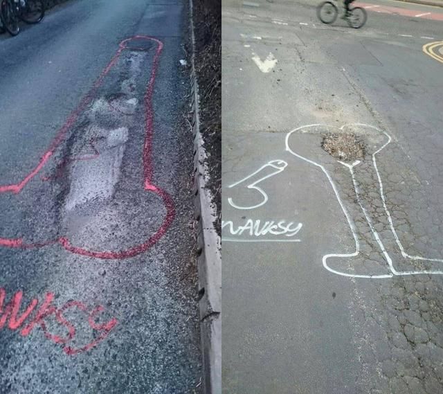 Британський художник бореться з ямами на дорогах за допомогою вульгарних малюнків