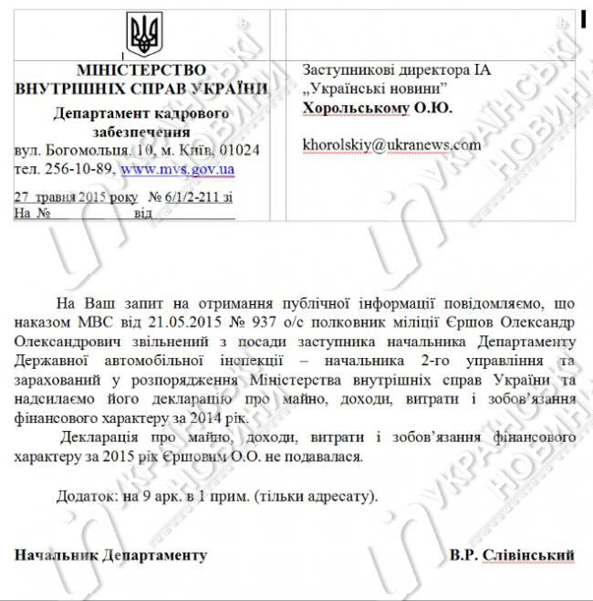 Аваков соврал об увольнении из органов оскандалившегося начальника ГАИ Ершова: опубликован документ 
