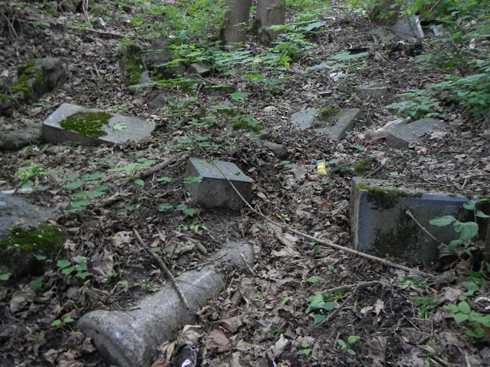 Киевлянин обнаружил в парке разбросанные могильные плиты: фотофакт