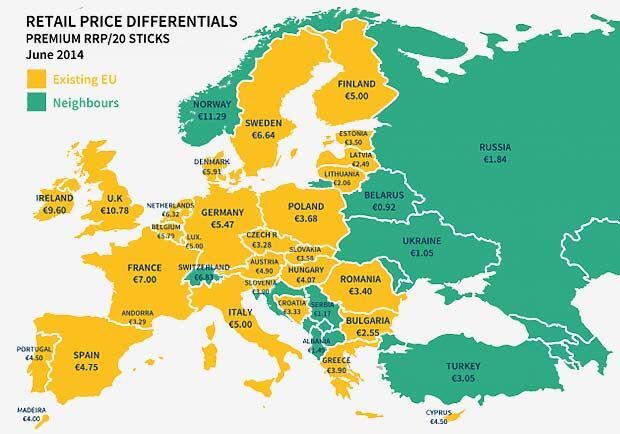 Стоимость пачки сигарет в Европе: опубликована инфографика