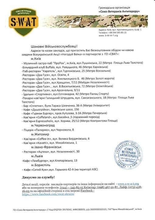 У соцмережі з'явився список закладів Києва, де безкоштовно годують бійців АТО