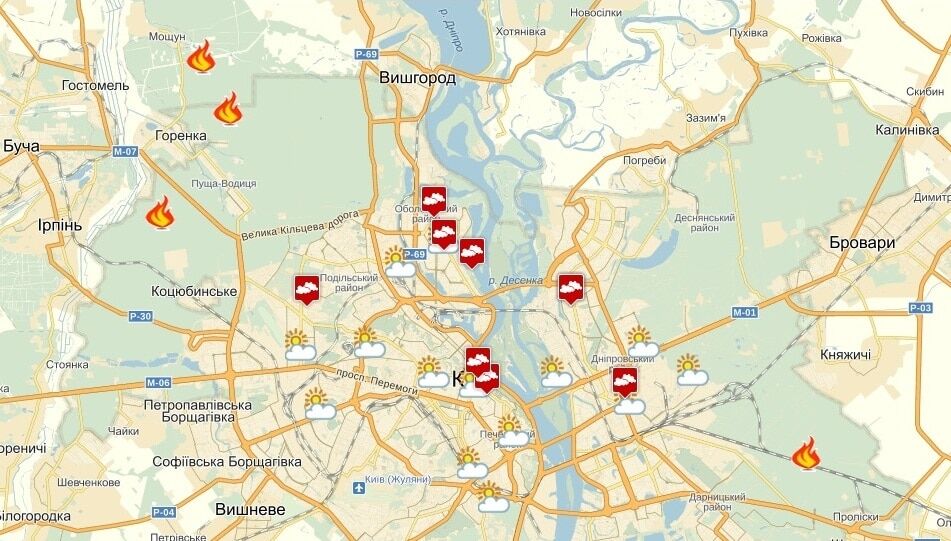 Опублікована карта масштабних пожеж під Києвом