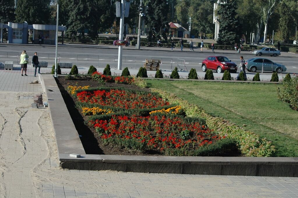 В Запорожье на площади Героев "выросли" зеленые клумбы